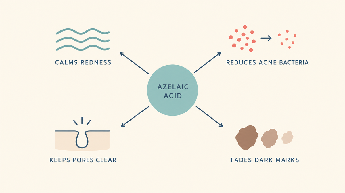 Diagram showing azelaic acid doing four jobs at once: calming redness, reducing acne bacteria, keeping pores clear and fading dark marks.