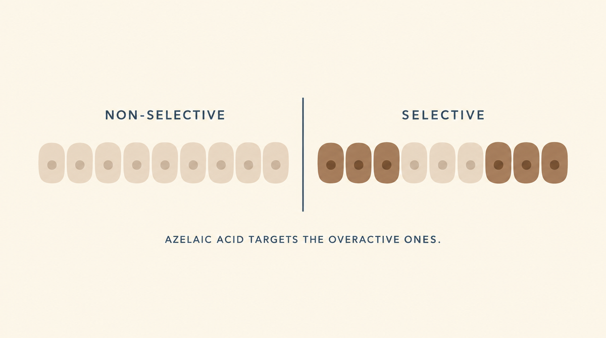 Diagram comparing non-selective lightening, which pales every cell, with azelaic acid's selective action on only the overproducing cells.