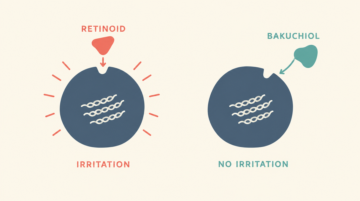 Diagram comparing a retinoid docking into a cell receptor and causing irritation with bakuchiol acting on the same cell by a different route without irritation.