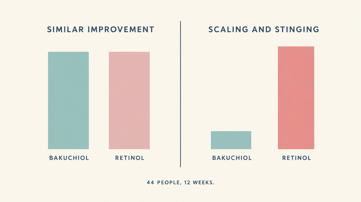 Chart showing bakuchiol and retinol producing similar improvement over twelve weeks, with retinol causing considerably more scaling and stinging.