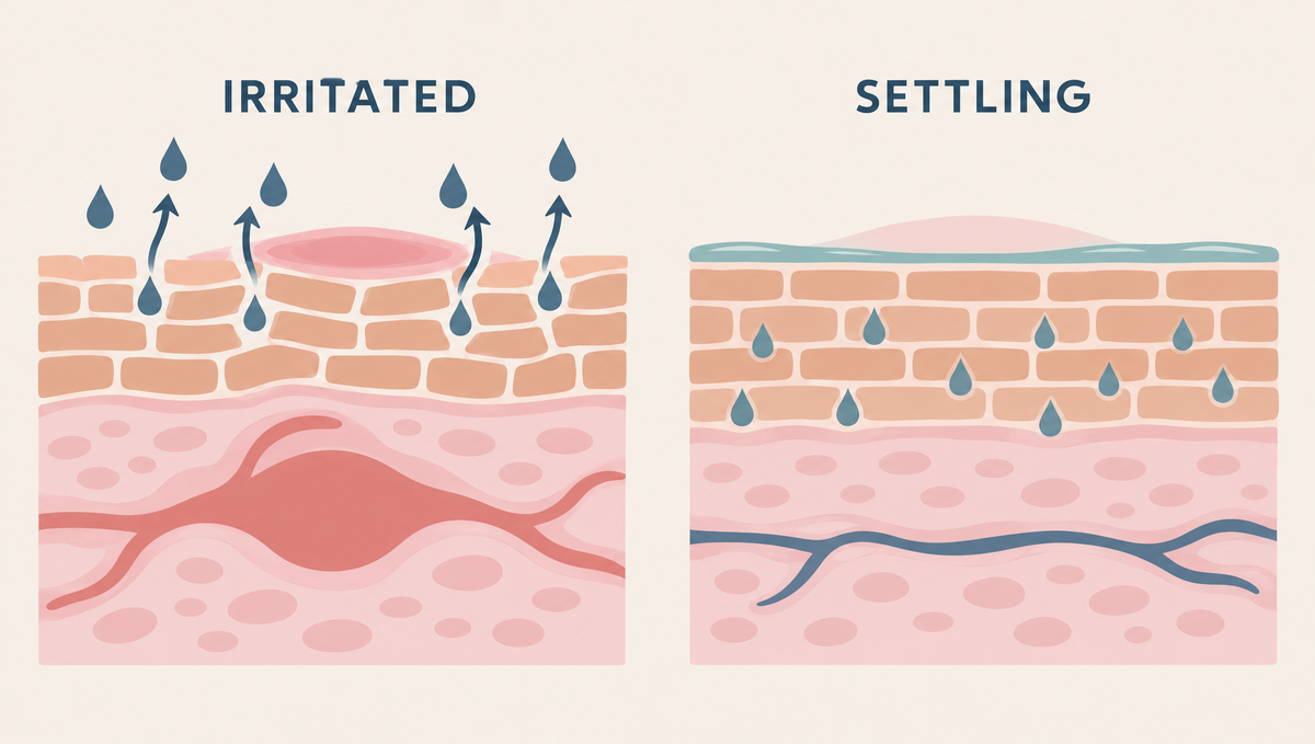 Two panels: gapped skin losing water above a widened vessel, then smooth skin under a teal film with water held in and a calm vessel.