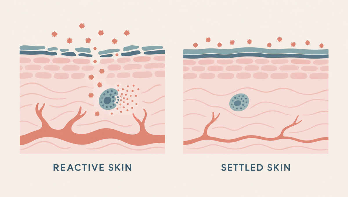Two skin cross-sections: a broken surface letting irritants reach red, widened vessels, beside an intact surface with calm vessels.