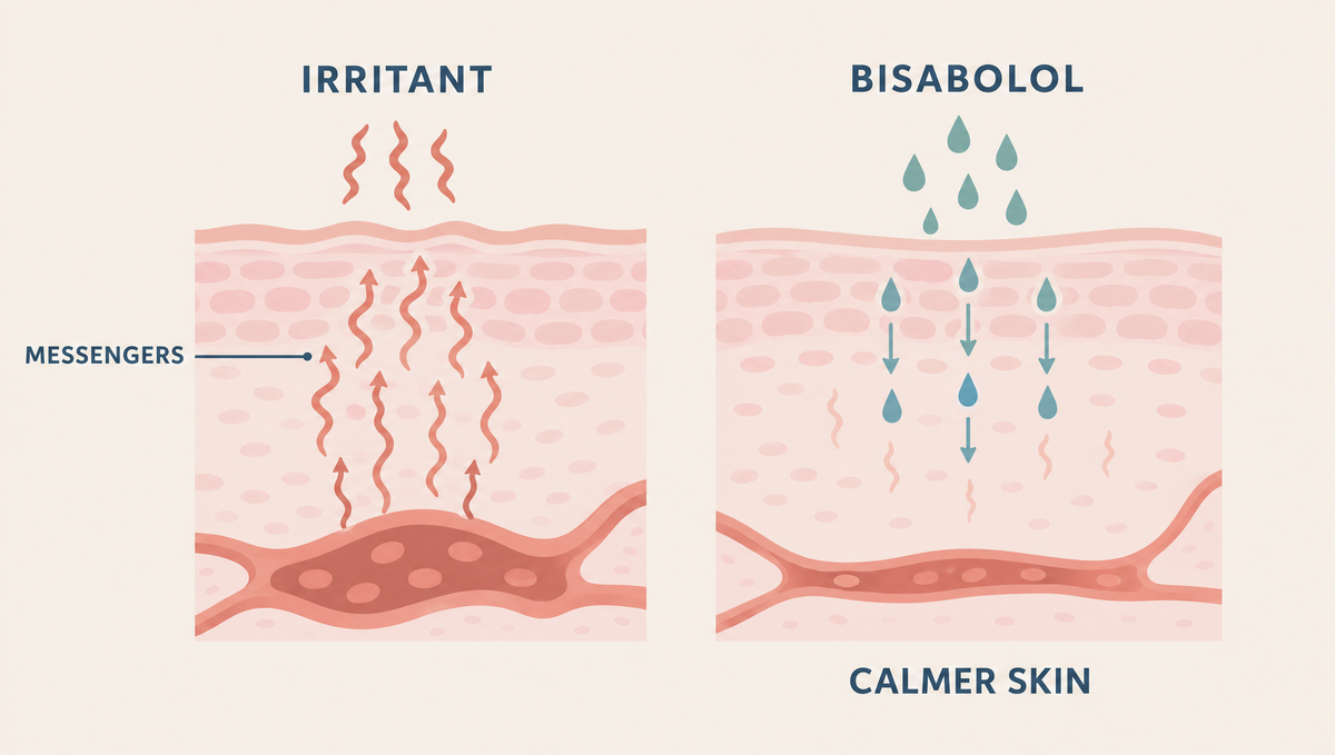 Skin cross-section where teal bisabolol droplets enter the surface and coral inflammation messengers fade beside a calmer blood vessel.