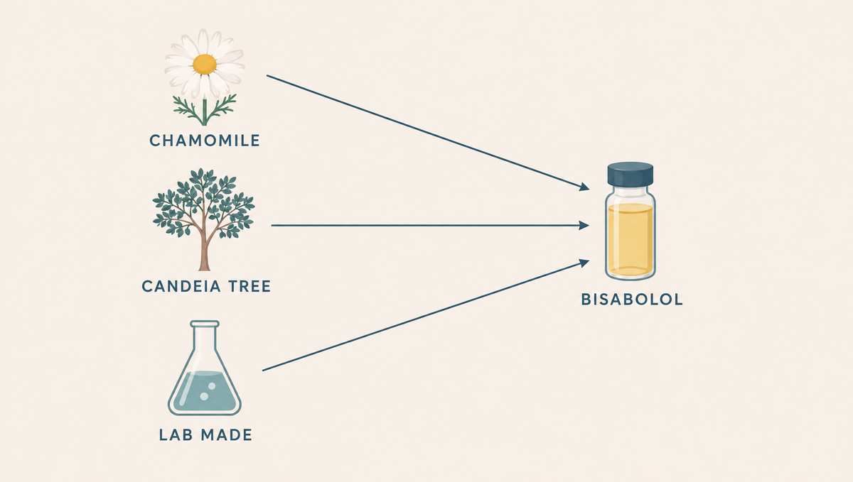 A chamomile flower, a candeia tree and a lab flask, each with an arrow pointing to one small vial.