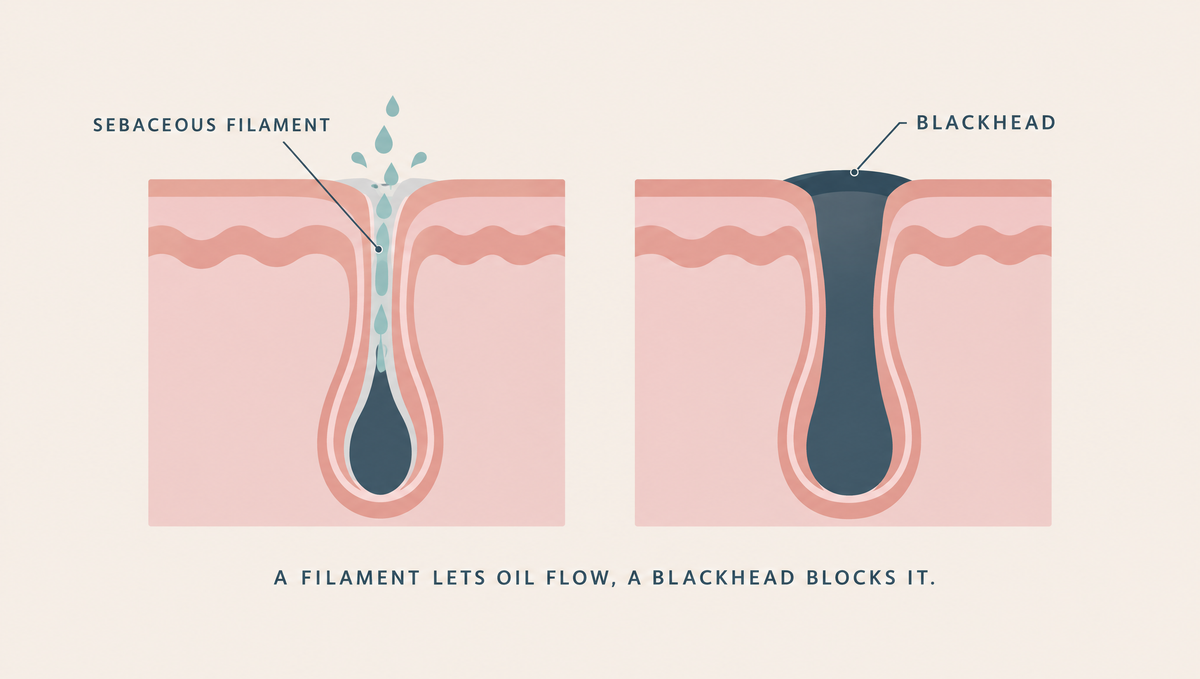 Diagram comparing a narrow follicle lined with a thin column of oil flowing out, a sebaceous filament, with a wider follicle blocked by a dense plug with a dark top, a blackhead.