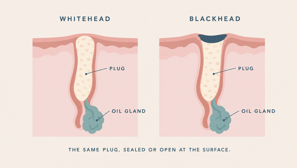Diagram of two hair follicle cross-sections with the same pale plug: sealed under a thin layer of skin as a whitehead, and open at the surface with a dark top as a blackhead.