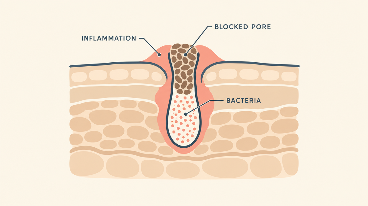 Cross-section diagram of a blocked pore showing a plug of dead cells, bacteria trapped in the airless space below, and inflammation around it.