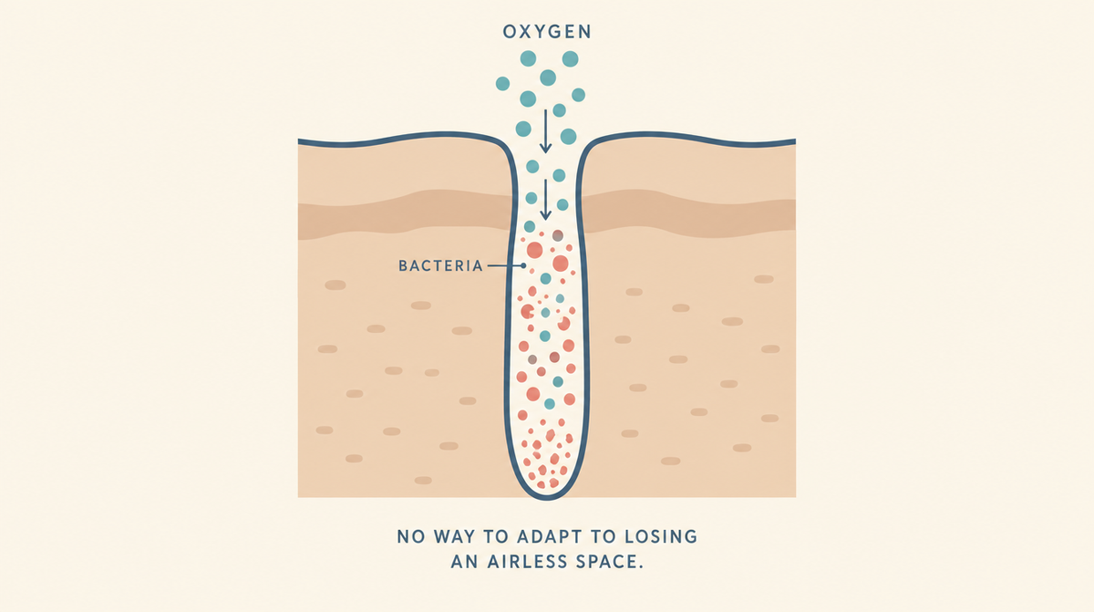 Diagram showing oxygen entering a blocked pore and breaking down the bacteria living in the airless space inside.