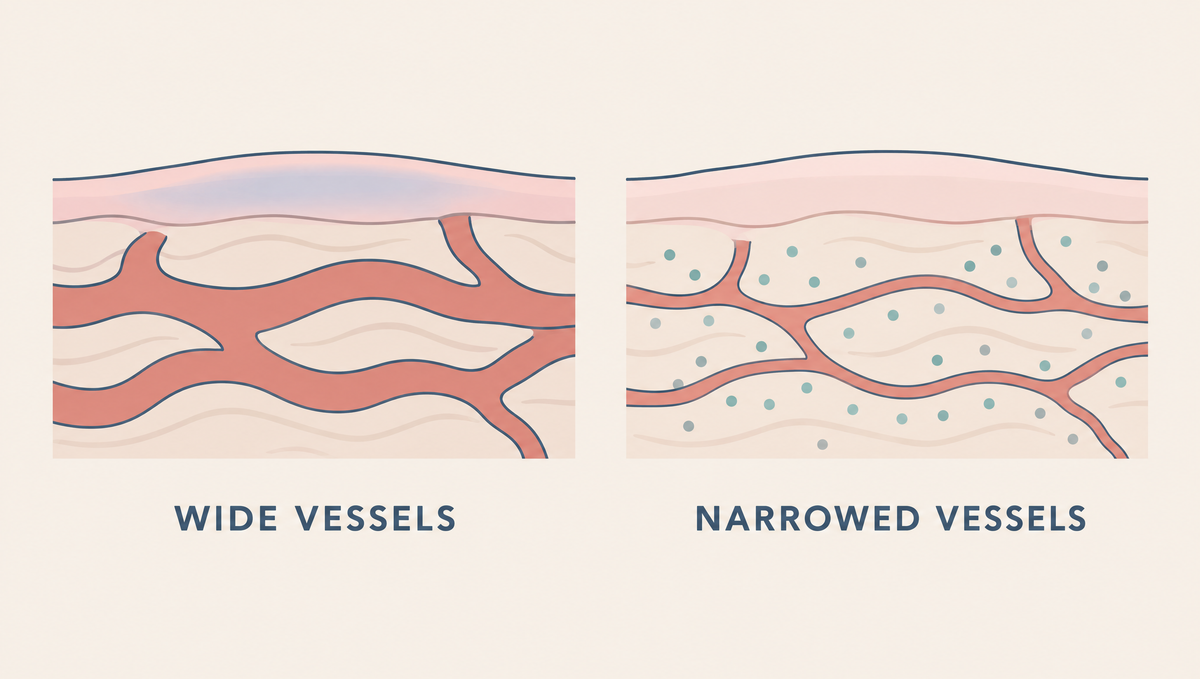 Two skin cross-sections: wide coral blood vessels under thin skin, then the same vessels narrower with teal caffeine dots around them.