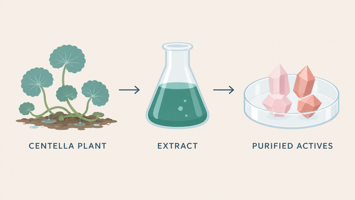 Sequence showing a centella plant, an arrow to a flask of extract, then an arrow to a dish of four purified crystals.