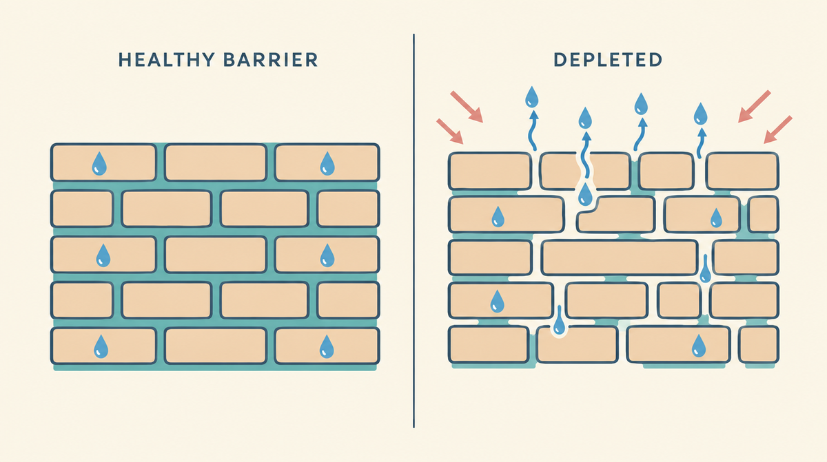 Brick wall diagram comparing a healthy skin barrier with fully filled mortar against a depleted barrier with gaps, where water escapes and irritants get in.