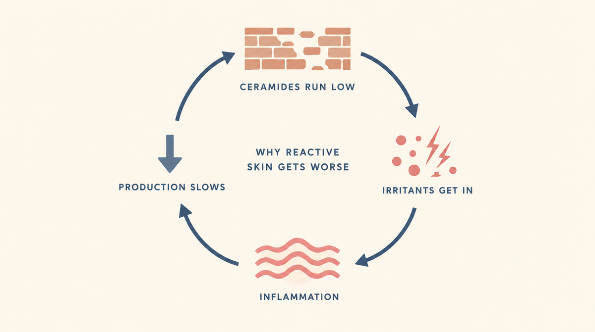 Circular diagram showing the loop where low ceramides let irritants in, causing inflammation, which slows ceramide production further.