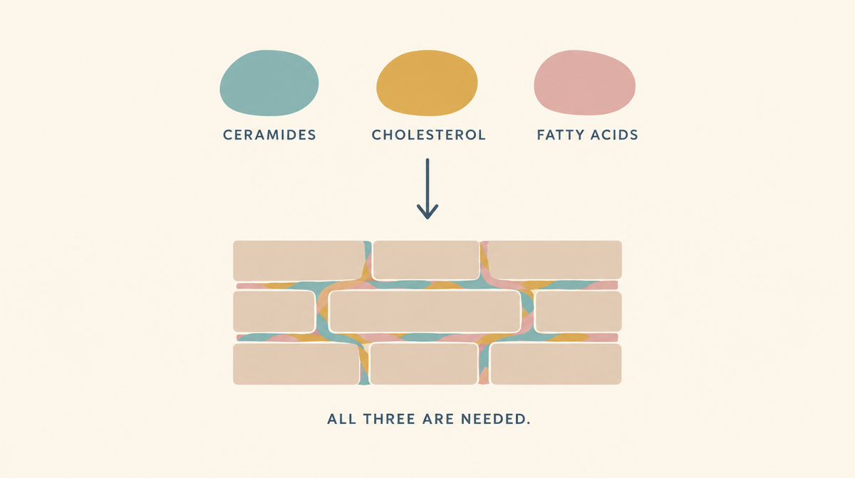 Diagram showing ceramides, cholesterol and fatty acids combining to form the mortar between skin cells.