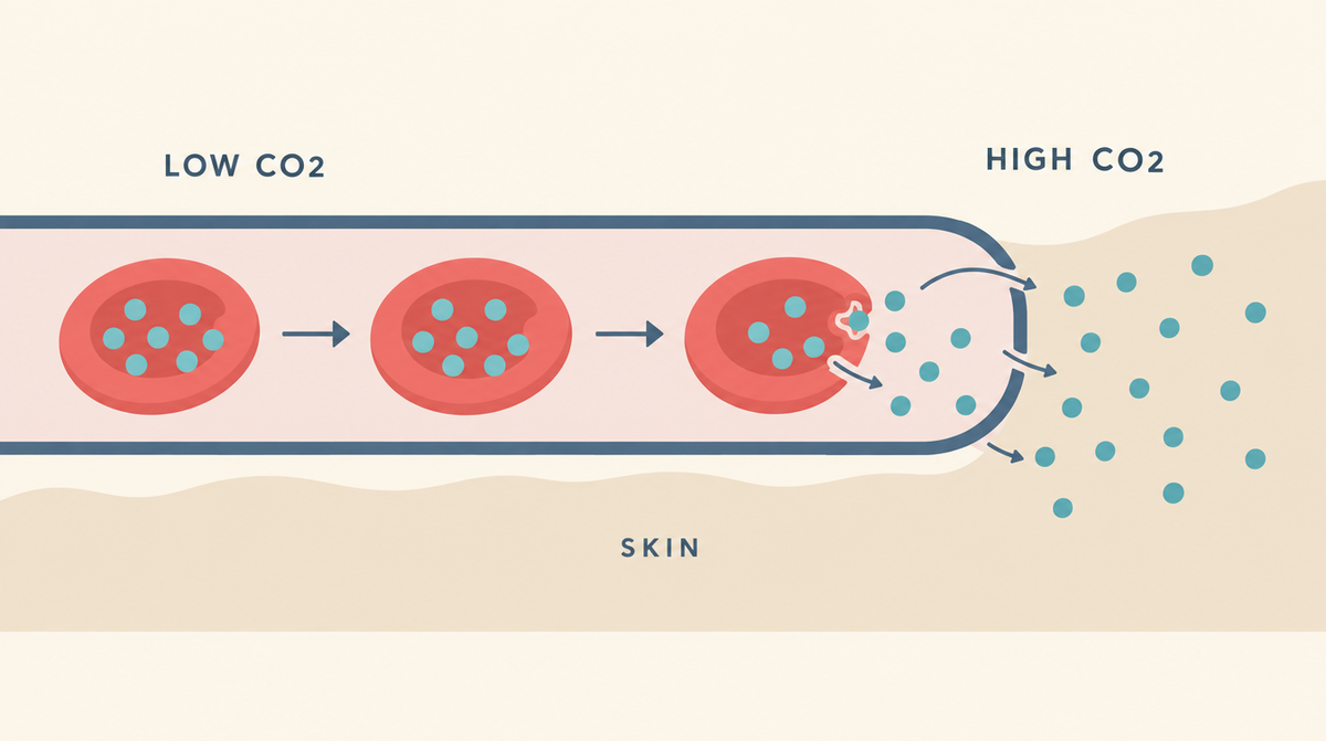 Diagram of a blood vessel showing red blood cells holding oxygen where carbon dioxide is low, and releasing it into the skin where carbon dioxide is high.