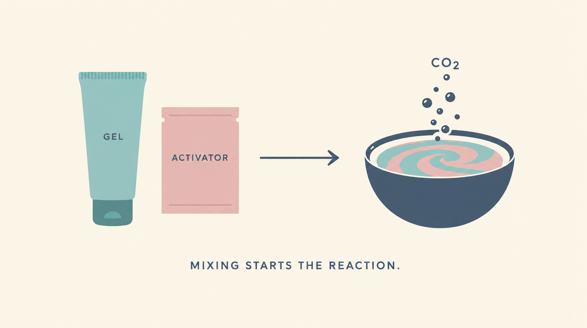Illustration showing a carboxy mask gel and activator being mixed together, with carbon dioxide bubbles forming from the reaction.