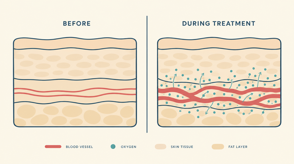 Diagram comparing skin before treatment with narrow blood vessels and during carboxy treatment with wider vessels releasing oxygen into the tissue.