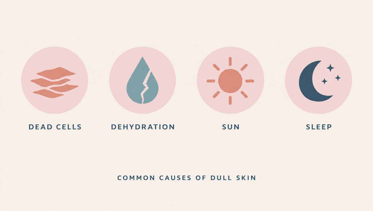 Diagram of four icons in a row: a stack of flakes, a cracked water droplet, a sun and a crescent moon.