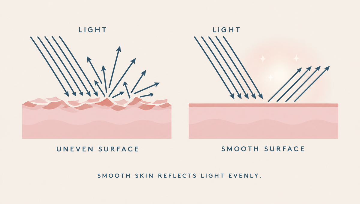 Diagram comparing an uneven skin surface, where incoming light scatters in many directions, with a smooth surface where light reflects back evenly with a soft glow.