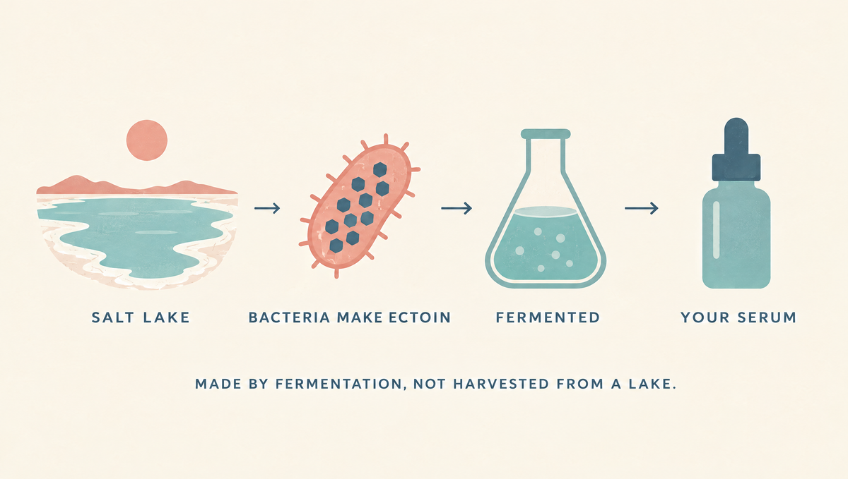 Diagram showing a salt lake, a bacterium making ectoin, a fermentation flask and a serum bottle, in sequence.