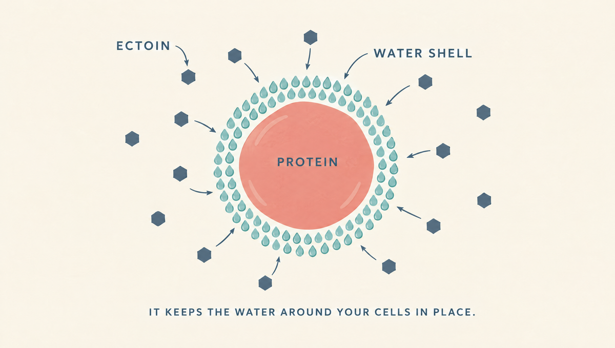 Diagram of a protein wrapped in a dense ring of water droplets, with ectoin molecules held further out pushing the water in close.