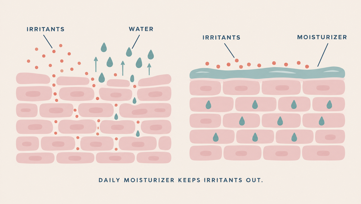 Diagram comparing a barrier with gaps, where irritants get in and water escapes, and a barrier under a layer of moisturizer, where irritants stay on the surface and water stays in.