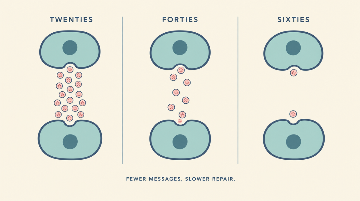 Diagram showing cell-to-cell messages declining across three life stages, with many packages in transit in your twenties and only one or two by your sixties.