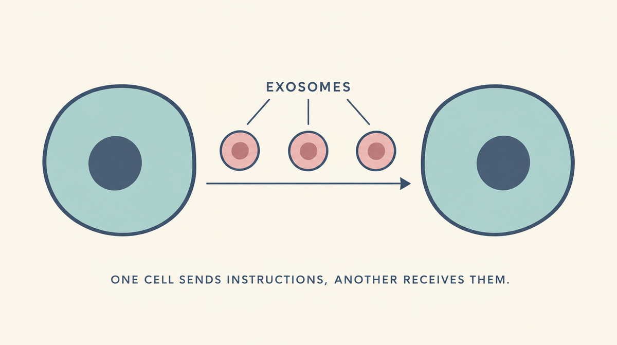Diagram of two skin cells with sealed exosome packages traveling between them, showing how cells send each other instructions.