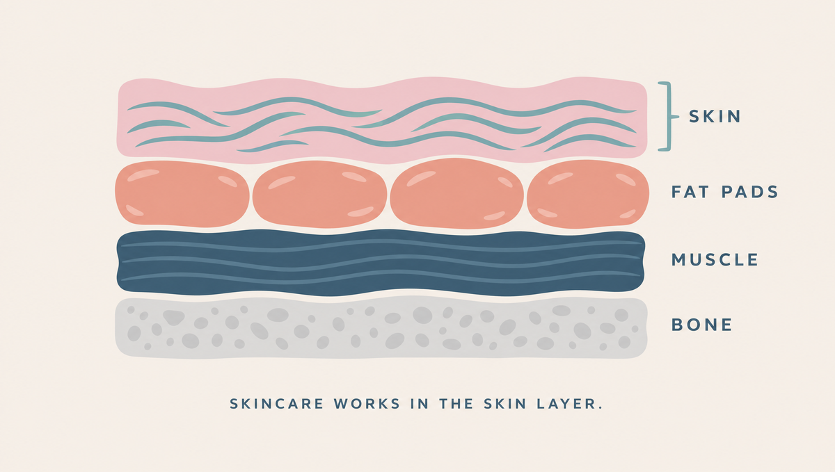 Side cross-section of facial tissue in stacked layers: skin with collagen fibers on top, separate rounded fat pads below, then muscle, then bone, with the skin layer highlighted.
