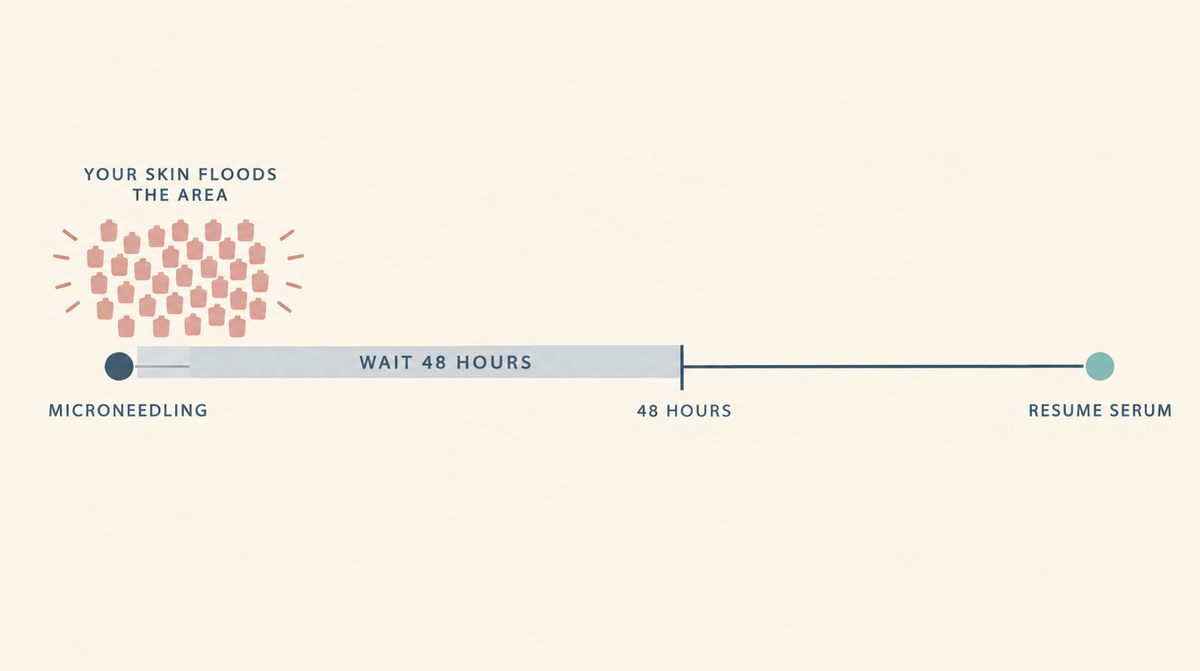 Timeline showing a forty-eight hour wait after microneedling before resuming a growth factor serum, because your skin floods the area with its own.