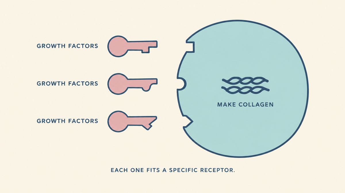 Diagram showing growth factor proteins fitting receptor notches on a skin cell like keys in locks, prompting the cell to make collagen.