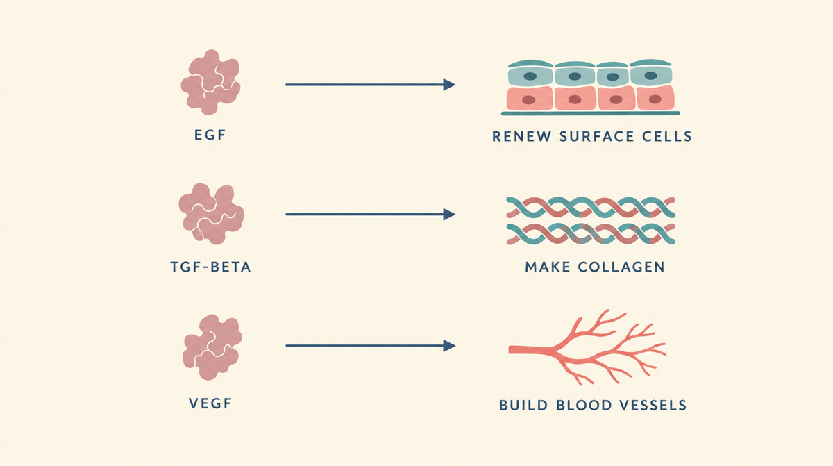 Diagram showing three growth factors and the different instruction each one carries: renew surface cells, make collagen, build blood vessels.