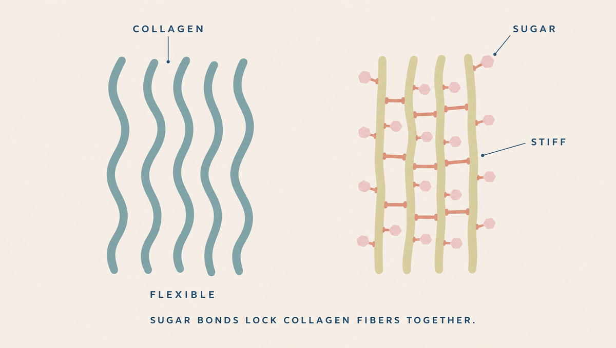 Diagram comparing loose, wavy collagen fibers with fibers that are yellowed, stiff and joined together by sugar links.