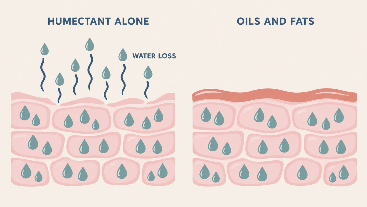 Two panels: water drawn into skin cells escapes upward without a surface layer, and stays inside when a layer of oils and fats covers it.