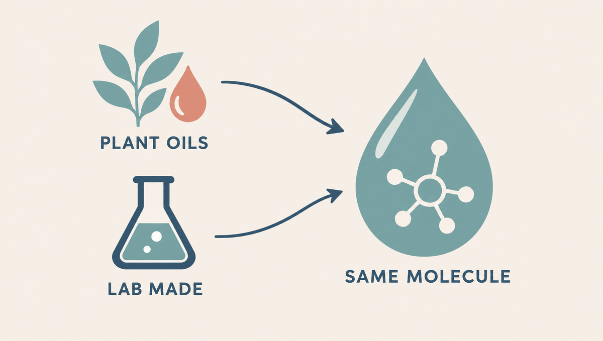 A plant sprig with an oil droplet and a lab flask, each with an arrow pointing to one clear droplet containing a molecule outline.