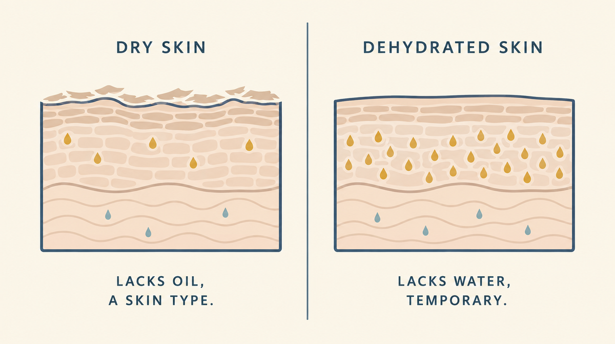 Diagram comparing dry skin, which lacks oil and is a skin type, with dehydrated skin, which lacks water and is temporary.