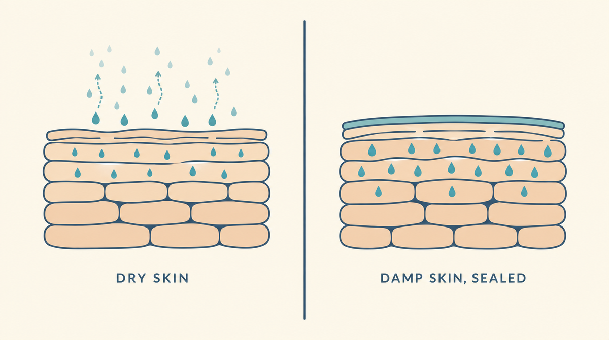 Diagram comparing hyaluronic acid applied to dry skin, where water evaporates away, with damp skin sealed under moisturizer, where the water stays held in the upper layers.