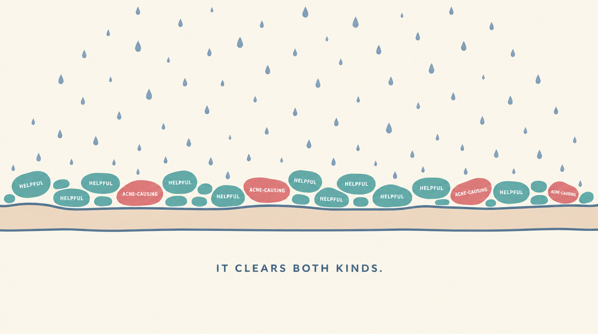 Diagram of skin surface showing mostly helpful bacteria alongside a few acne-causing ones, with mist descending and clearing both kinds.
