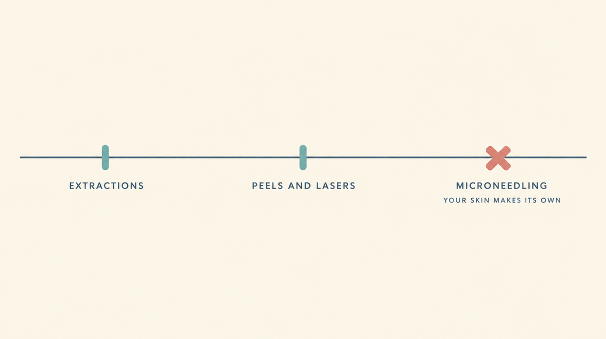 Timeline showing hypochlorous acid used around extractions, peels and lasers, but not after microneedling.