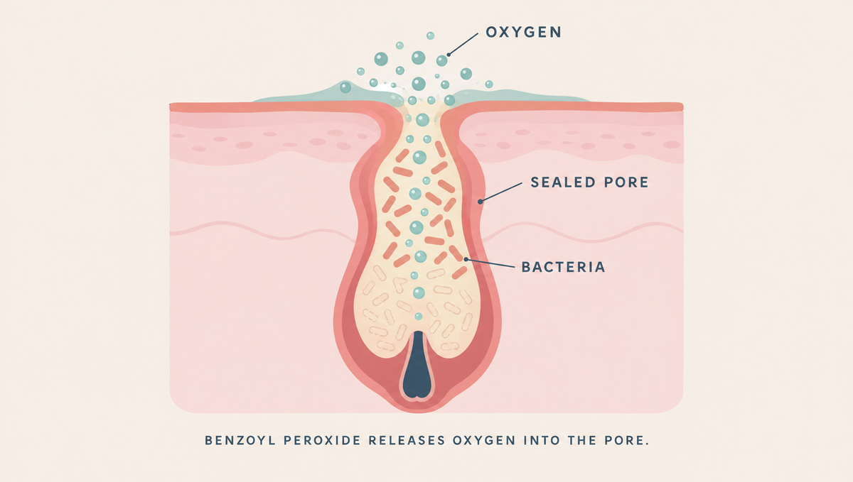 Diagram of a sealed, inflamed pore with bacteria inside, and oxygen bubbles from a product on the skin travelling down into the pore.