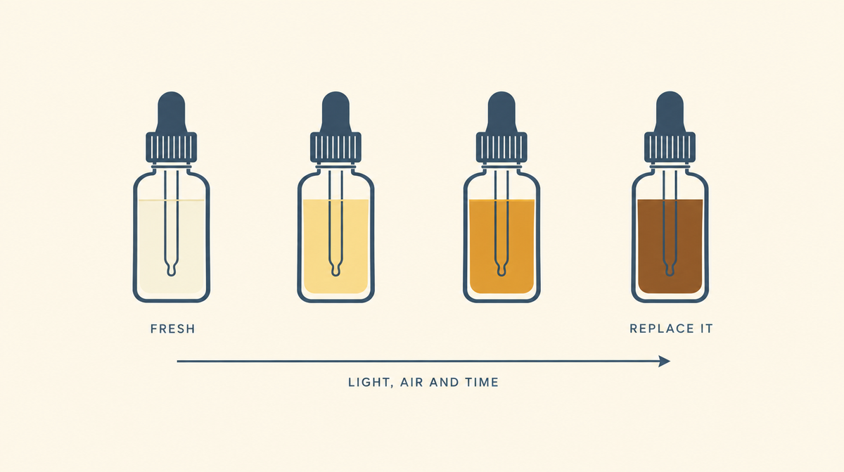 Four dropper bottles showing kojic acid darkening from clear through gold and amber to deep brown as it degrades.