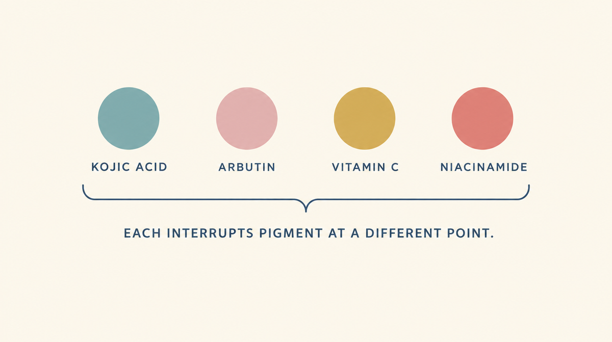 Four pigment ingredients bracketed together, each interrupting pigment production at a different point.