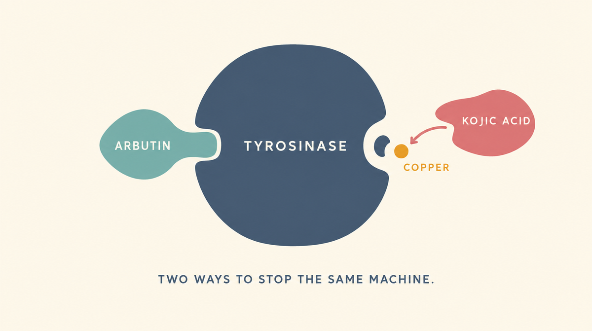 Diagram showing arbutin blocking the entry point of the tyrosinase enzyme while kojic acid removes the copper it needs to work.