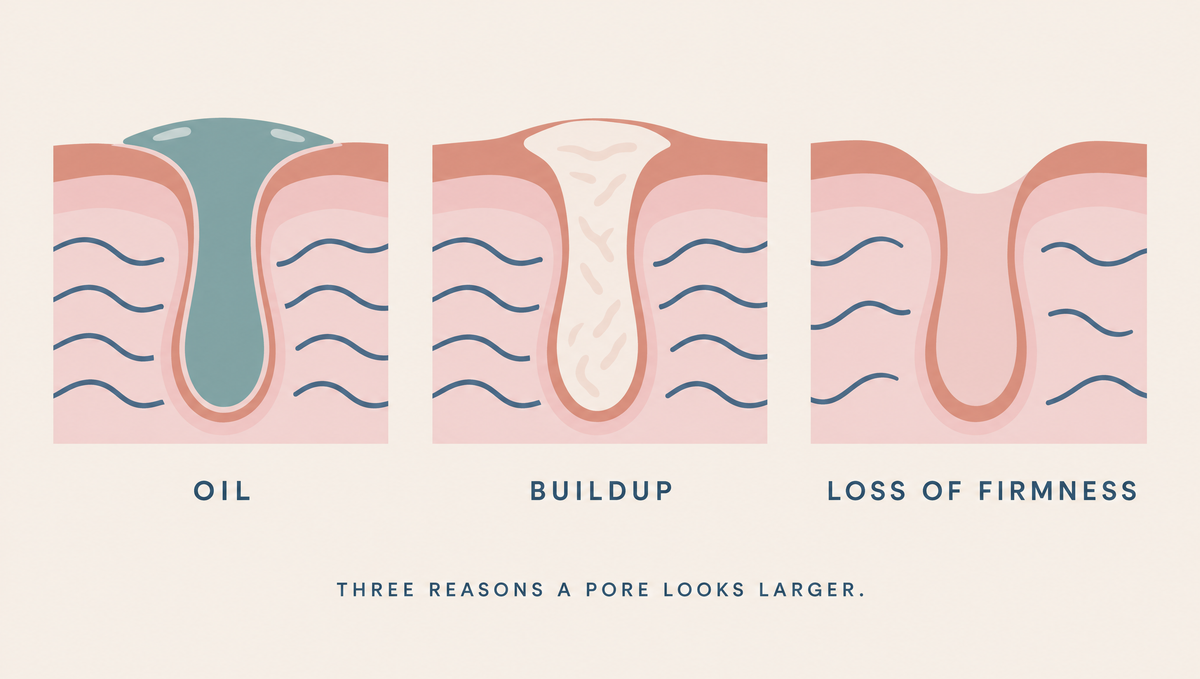 Diagram of three hair follicle cross-sections with visible openings: one filled with oil, one filled with a plug of shed cells, and one surrounded by loose collagen fibers.