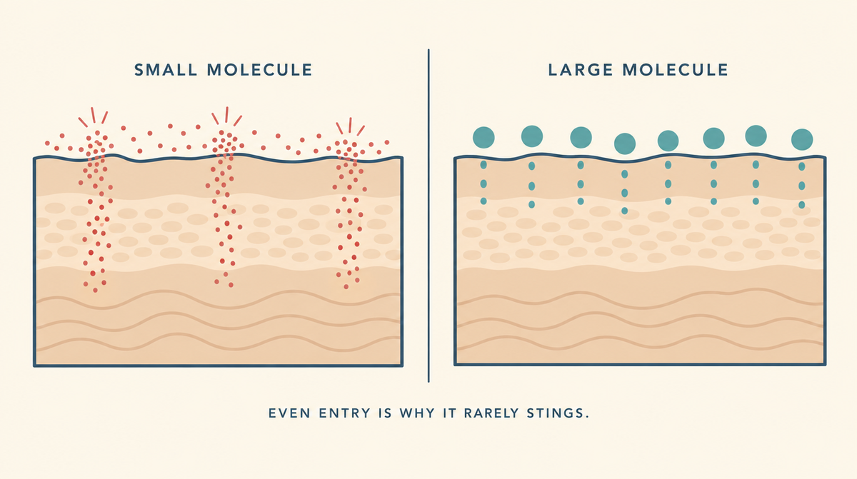 Diagram comparing a small molecule entering skin rapidly and unevenly with a large molecule entering slowly and evenly without irritation.