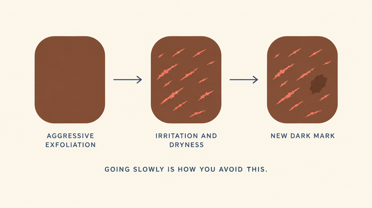 Three-stage diagram showing aggressive exfoliation leading to irritation and dryness, which leads to a new dark mark on deeper skin.
