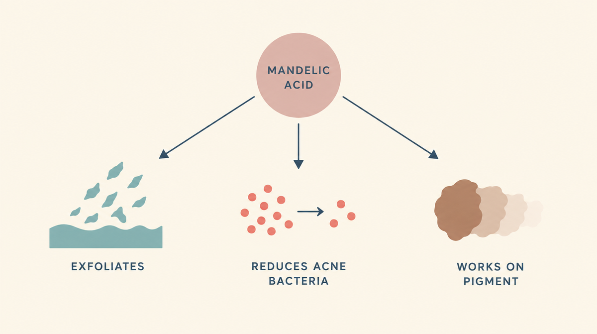 Diagram showing mandelic acid doing three things at once: exfoliating, reducing acne bacteria and working on pigment.