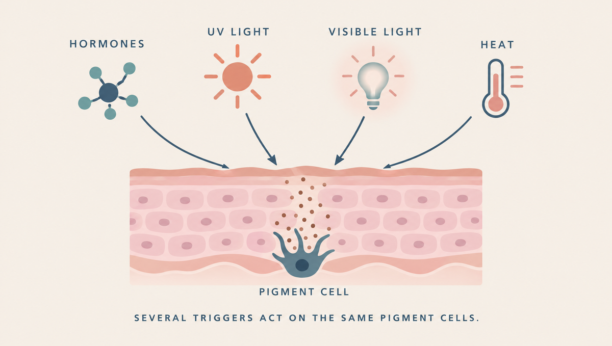 Diagram of a pigment cell at the base of the top skin layer, with arrows from hormones, UV light, visible light and heat all pointing to it.