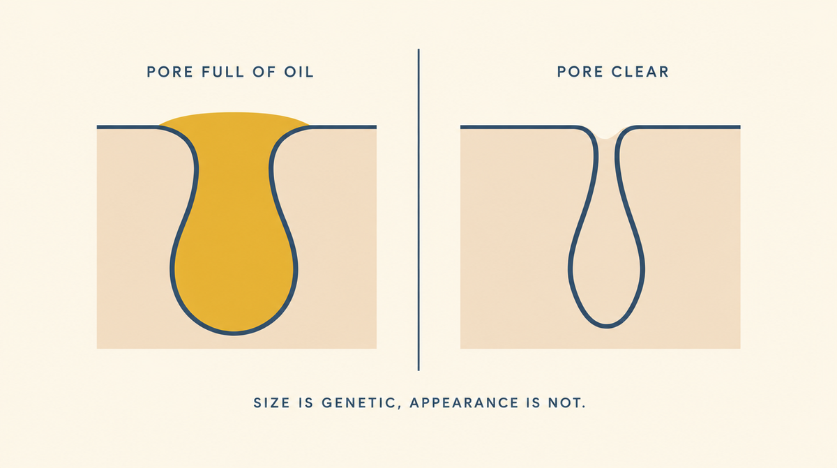 Diagram comparing a pore stretched wide by trapped oil with the same pore clear and visibly narrower.
