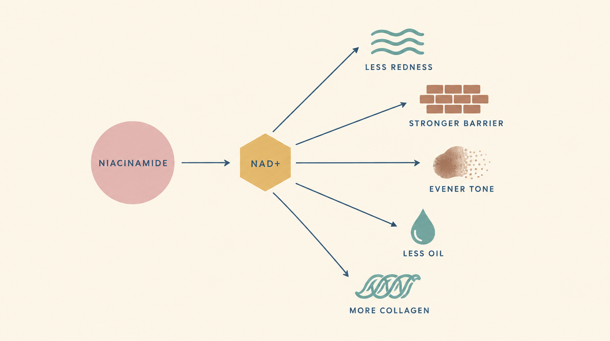 Diagram showing niacinamide converting into NAD+ and producing five effects: less redness, stronger barrier, evener tone, less oil and more collagen.