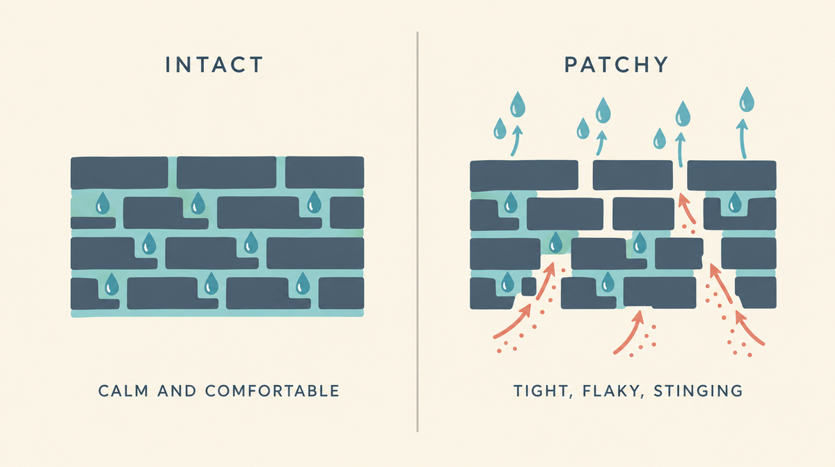 Diagram comparing an intact barrier holding water in with a patchy one where water escapes and irritants get through.